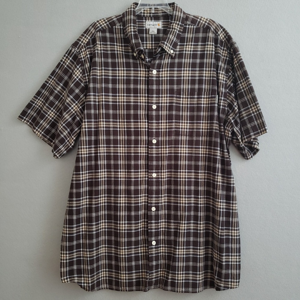 Carhartt Mens 2XL Short Sleeve Button Up Shirt Brown Plaid S277 DKB Workwear